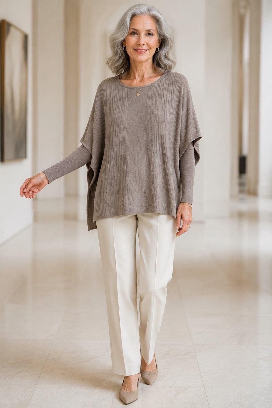 Ming Wang Ponch Sweater top round neck Gray Beige L/ XL